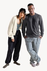 Diverse couple in monotone sleepwear