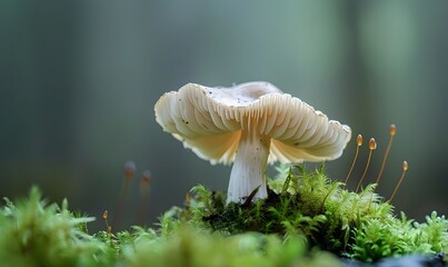 Mushroom on a Moist Forest Floor with Moss and Lichen, Generative AI
