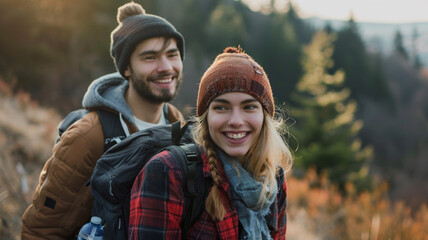 Fototapeta premium Two hikers on peak with backpack