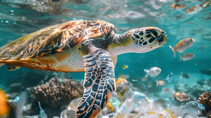 Fototapeta premium A striking image of a sea turtle swimming amidst floating plastic debris,