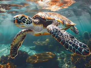 Fototapeta premium A serene underwater scene with sea turtles gliding gracefully,