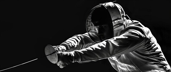Close-up shot of a modern pentathlete, mid-lunge during fencing, intense focus on their eyes, sharp and precise, sports photography, dynamic motion, crisp and clean lines, high contrast
