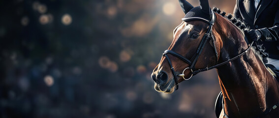 Close-up shot of a rider on a bay horse in the saddle, Equestrian sports, Horse riding