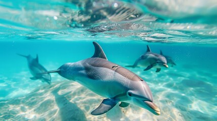 A dynamic image of a dolphin pod swimming in crystal-clear waters