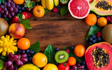 fresh fruit border on rustic wooden background - tropical summer food layout.