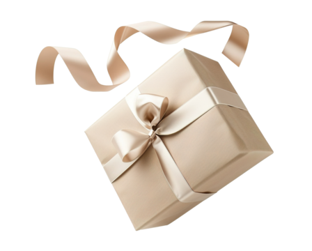 Elegant gift box wrapped in textured beige paper with a luxurious satin ribbon on transparent background. Cut out birthday, Christmas present.