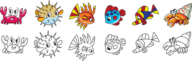 Sea animals and fishes coloring book set. Vector