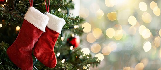 Empty stockings hanging on Christmas tree. Copy space image. Place for adding text and design