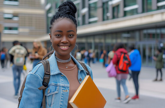 A happy young black woman stands in front of the university building