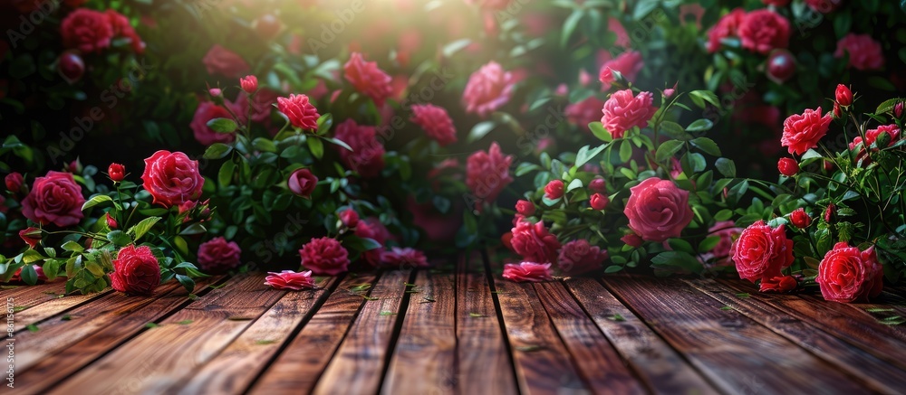 Wall mural roses bush with wooden floor background. copy space image. place for adding text and design