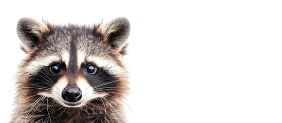 Portrait of a cute funny raccoon, closeup, isolated on a white background. Copy space image. Place for adding text and design