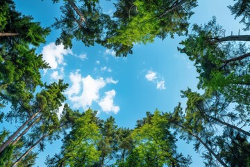Obraz premium image of tall trees forming heart shape against blue sky. Sustainability concept.