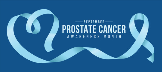 September is Prostate cancer awareness month text and long rolling light blue ribbon awareness sign with to heart shape on blue background vector design