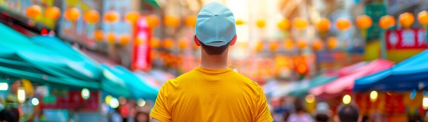 back view of man in yellow shirt walking through a busy asian market street with red lanterns.