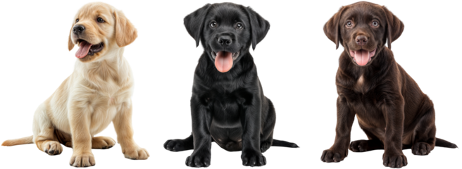 Set of three happy sitting labrador dog puppies in different colours (yellow, black and chocolate brown) isolated on a white background