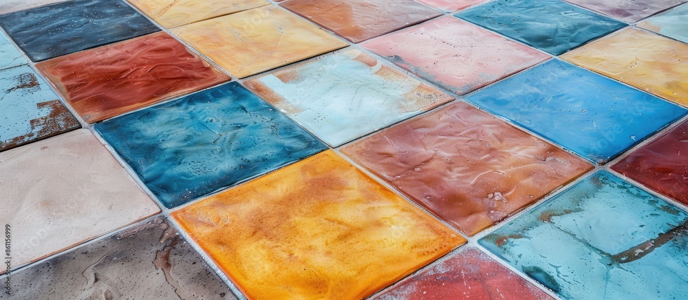 Wall mural background from multi-colored floor ceramic tiles in the scandinavian style. copy space image. place