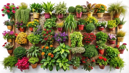 Colorful thriving vertical garden with lush greenery, vibrant flowers, and decorative planters on a transparent isolated background.