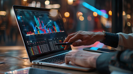 Digital marketing commerce online sale concept, Businessman use laptop with advertising on website. planning advertising marketing strategies to target social media native, ad, advertisers, sales