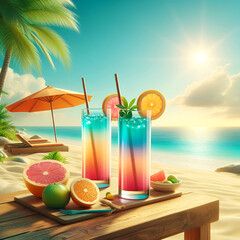 A new illustration of Colorful summer cocktails at the tropical beach with palm trees and sea