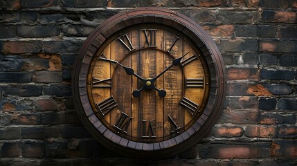 Fototapeta premium A clock mounted on a brick wall, displaying the time.