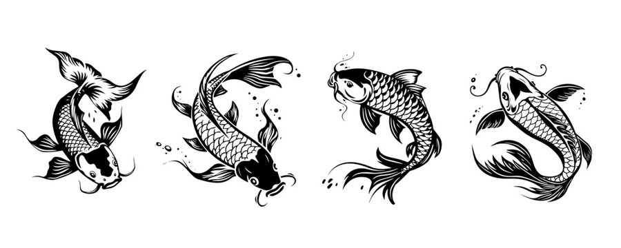 Traditional Japanese Koi Fish Illustrations in Black and White - Set of Four Detailed Designs