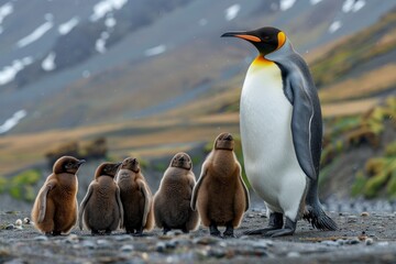 Fototapeta premium King Penguins (Aptenodytes patagonicus) Adult with chicks, South Georgia Island