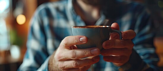 Equity Crowdfunding phrase. Man with a cup of coffee in the background. Copy space image. Place for adding text or design