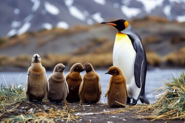 King Penguins (Aptenodytes patagonicus) Adult with chicks, South Georgia Island