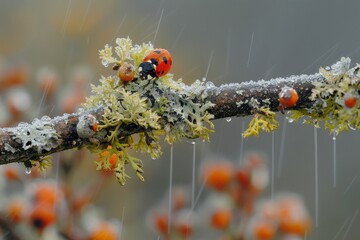 Ladybird on lichen covered branch after rain shower.