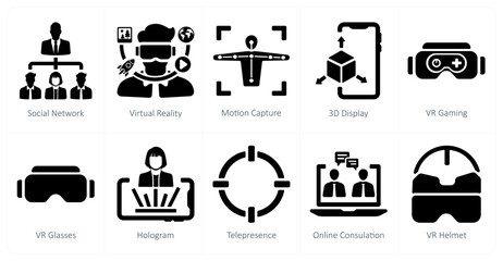 A set of 10 Virtual Reality icons as social network, virtual reality, motion capture