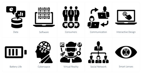 A set of 10 Virtual Reality icons as data, software, consumers