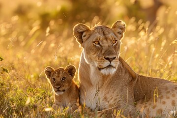Fototapeta premium Lioness and cub in late afternoon light at Maasai Mara National Reserve in Kenya, East Africa.