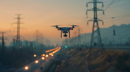 Drone Inspecting Power Lines at Sunset with Modern and High Tech Industrial Landscape