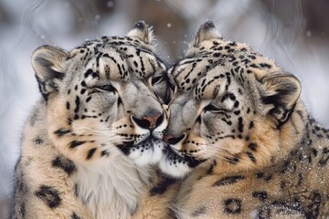 Obraz premium Male and female snow leopard sharing tender moment.
