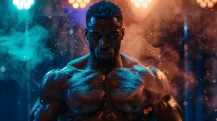 Intense and Confident Bodybuilder Posing on Competition Stage with Vibrant Lights