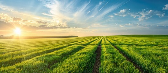 Agricultural background with field of freshly cut alfalfa and leading lines leading to copy space in sky. Copy space image. Place for adding text or design