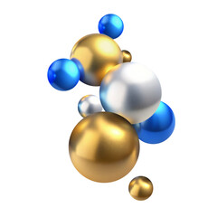 Abstract 3D background with flying realistic balls of gold, silver and blue colors Vector. Glossy 3D spheres composition. Trendy modern design for poster, banner, web design.Realistic balls design