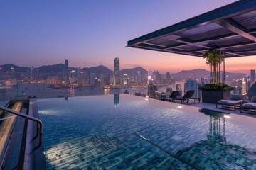 Naklejka premium Infinity Pool with Stunning Cityscape View at Sunset