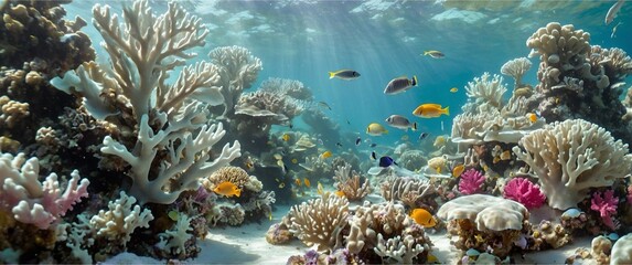 Fototapeta premium A thriving coral reef in full view Full of life and color The delicate coral branches are covered in vibrant shades of pink, orange and purple. Surrounded by schools of colorful fish