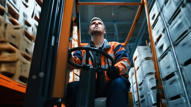 professional forklift driver in factory's warehouse. Distribution Center. 4k video footage