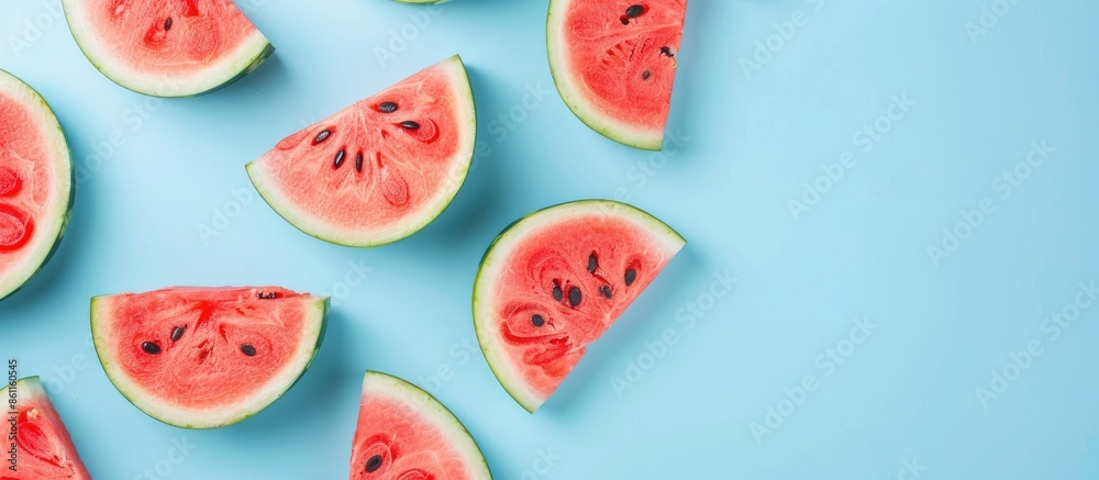 Wall mural Colorful fruit pattern of fresh watermelon slices on blue background. From top view. Copy space image. Place for adding text or design - Wall murals