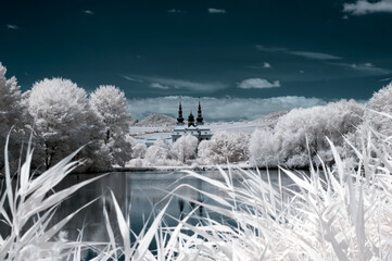 Surreal infrared landscape with Basilica of Saints Cyril and Methodius in Velehrad, Czech Republic