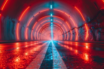 Naklejka premium Futuristic Neon Tunnel with Vibrant Red and Blue Lights - Perfect for Modern Design