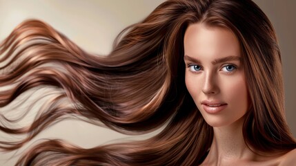 Naklejka premium Beautiful young woman with long, healthy hair on a dark background. Hairstyle. Cosmetics for hair. Color adjustment