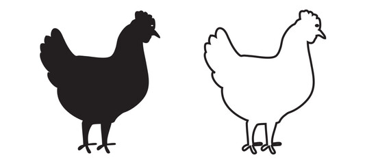 Chicken or hen black silhouette. Farm bird icon. Poultry symbol. Vector illustration.