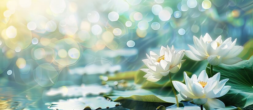 Beautiful white lotus flower in the lake and lotus flower plants, pure white lotus flower. Copy space image. Place for adding text or design