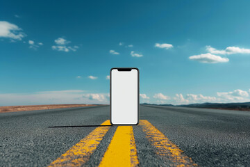 Mobile phone mockup located along a road with a yellow dividing strip
