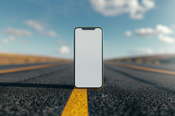 Mobile phone mockup located along a road with a yellow dividing strip