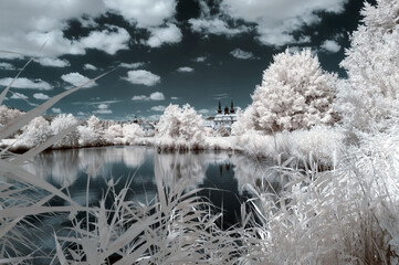Surreal infrared landscape with Basilica of Saints Cyril and Methodius in Velehrad, Czech Republic