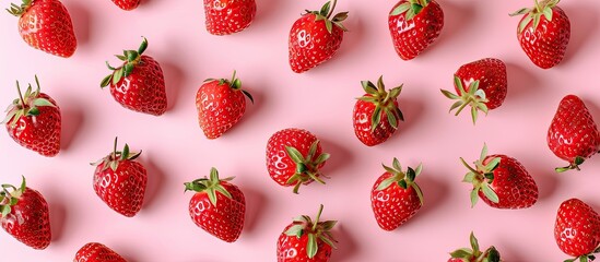 Creative layout made of strawberry on the pink background. Flat lay. Food concept. Macro concept. Copy space image. Place for adding text and design